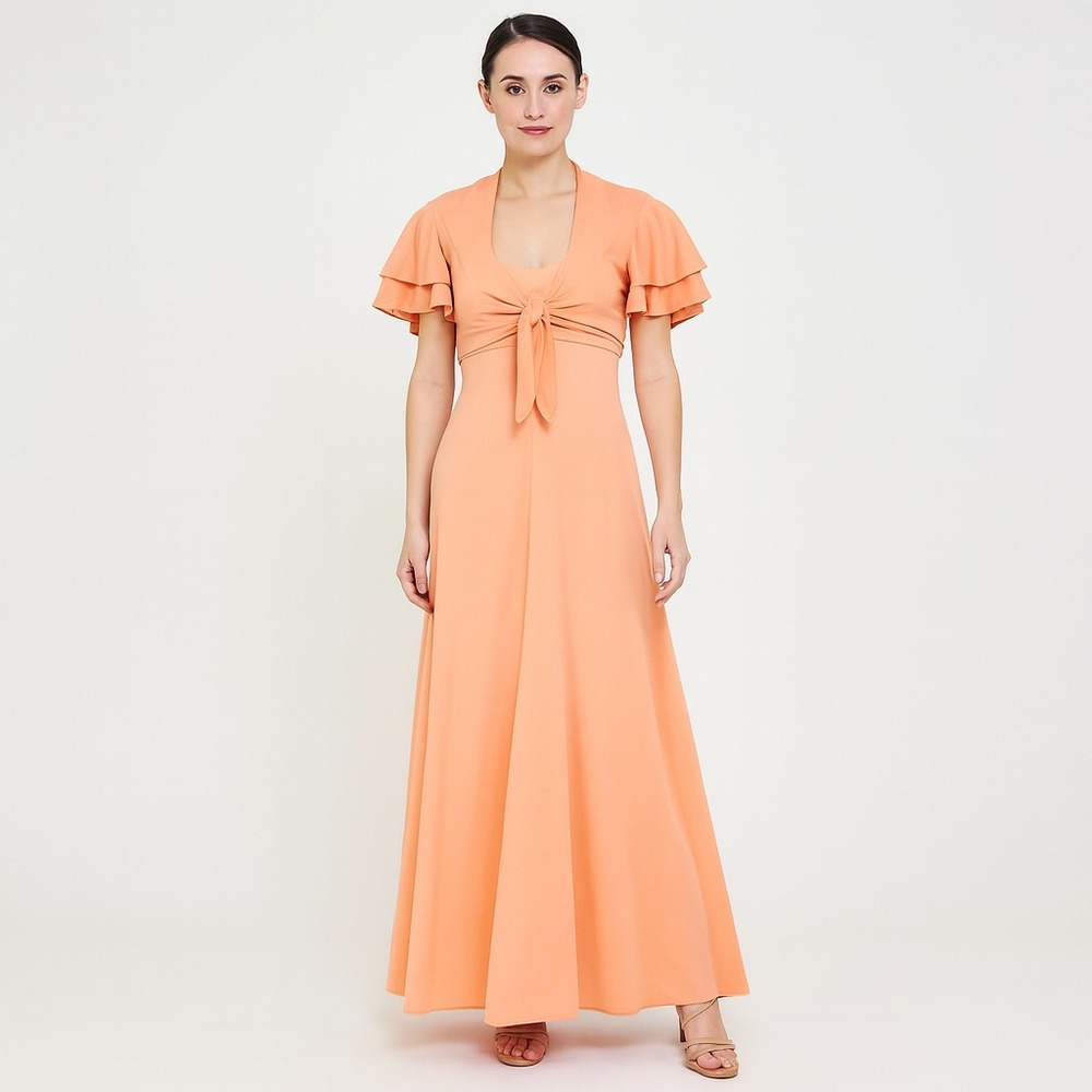 Vintage 70s Peach Maxi Halter Dress w/ Matching Ruffle Sleeve Crop Bolero Jacket